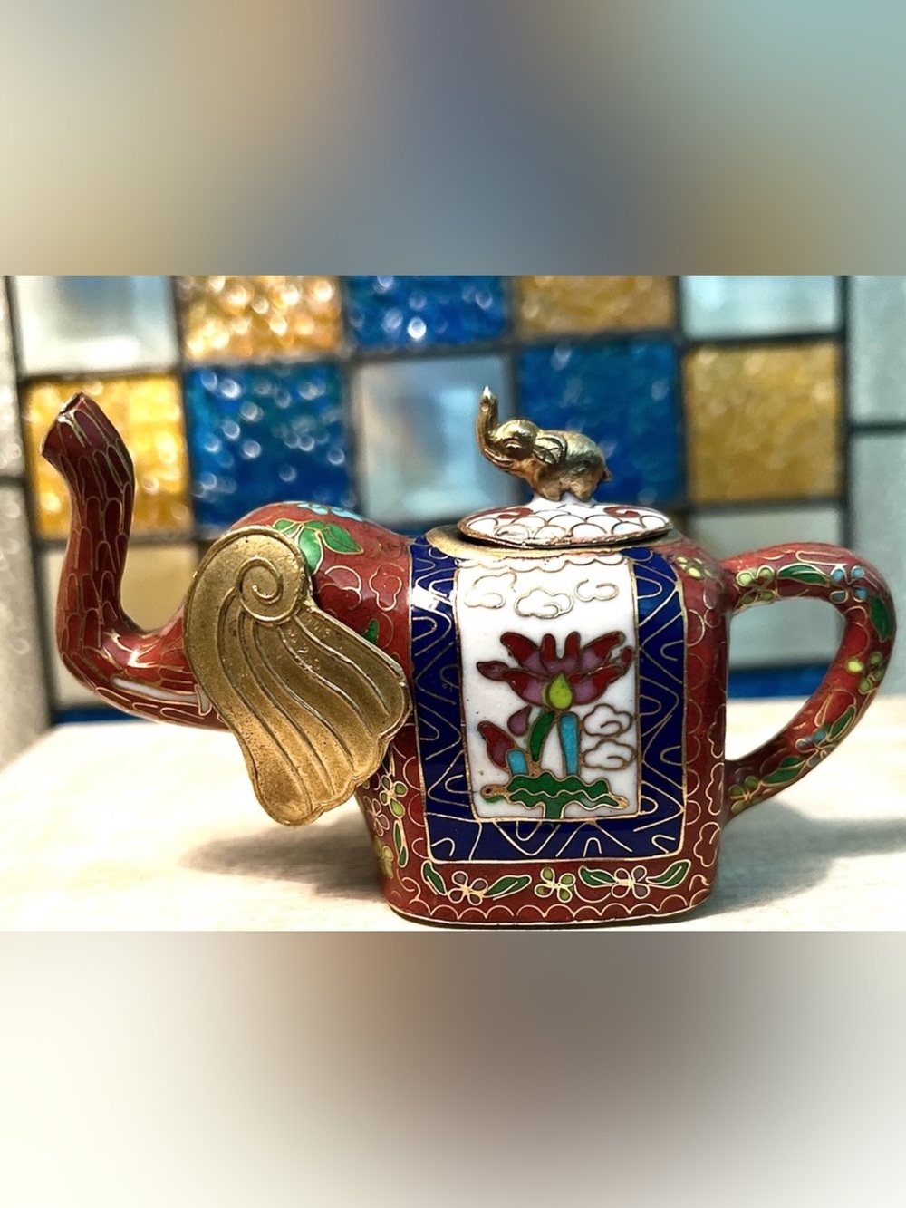 Vintage miniature cloisonné elephant teapot hand-painted floral enamel decor💫